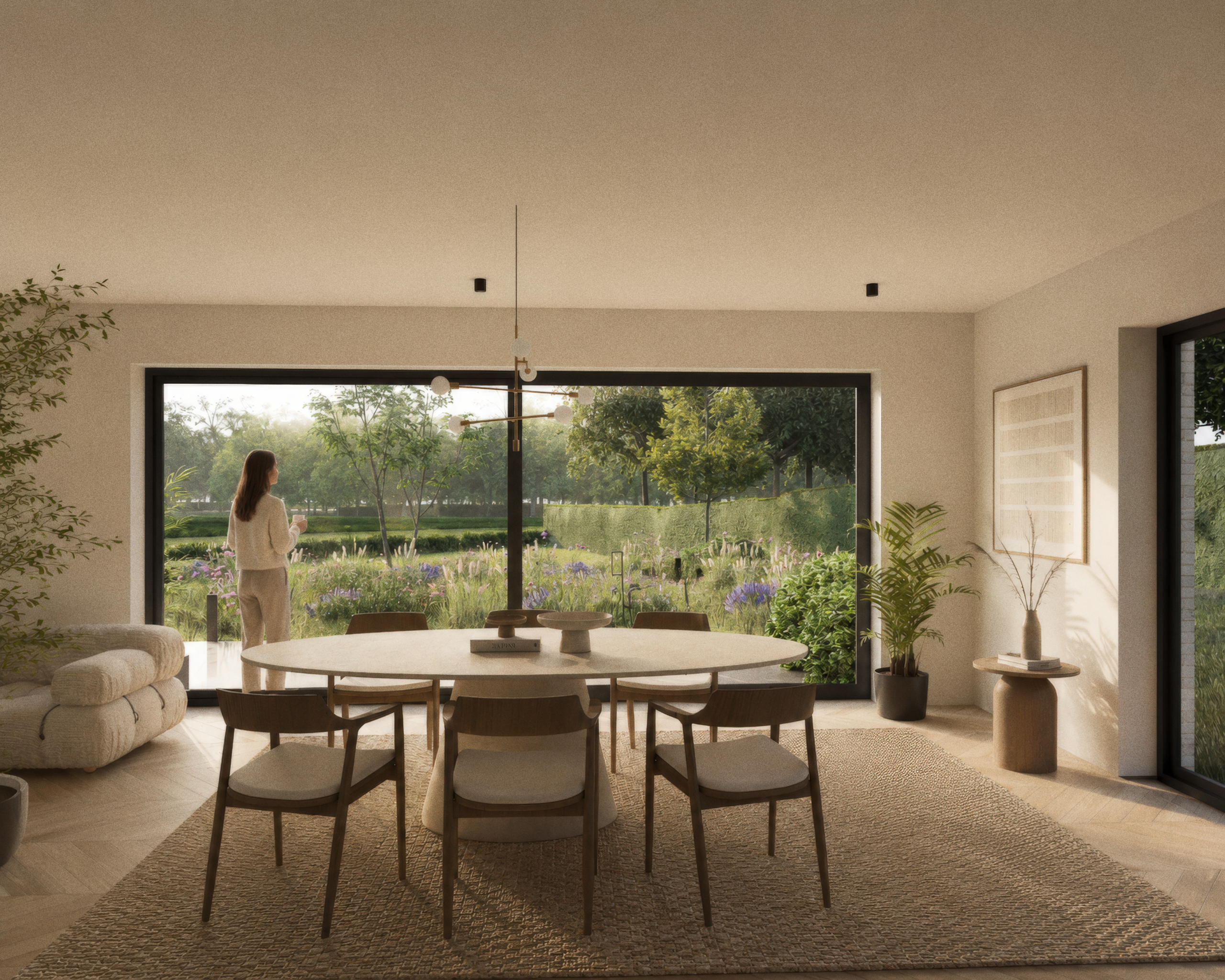 ston3s eettafel vrouw uitzicht tuin
