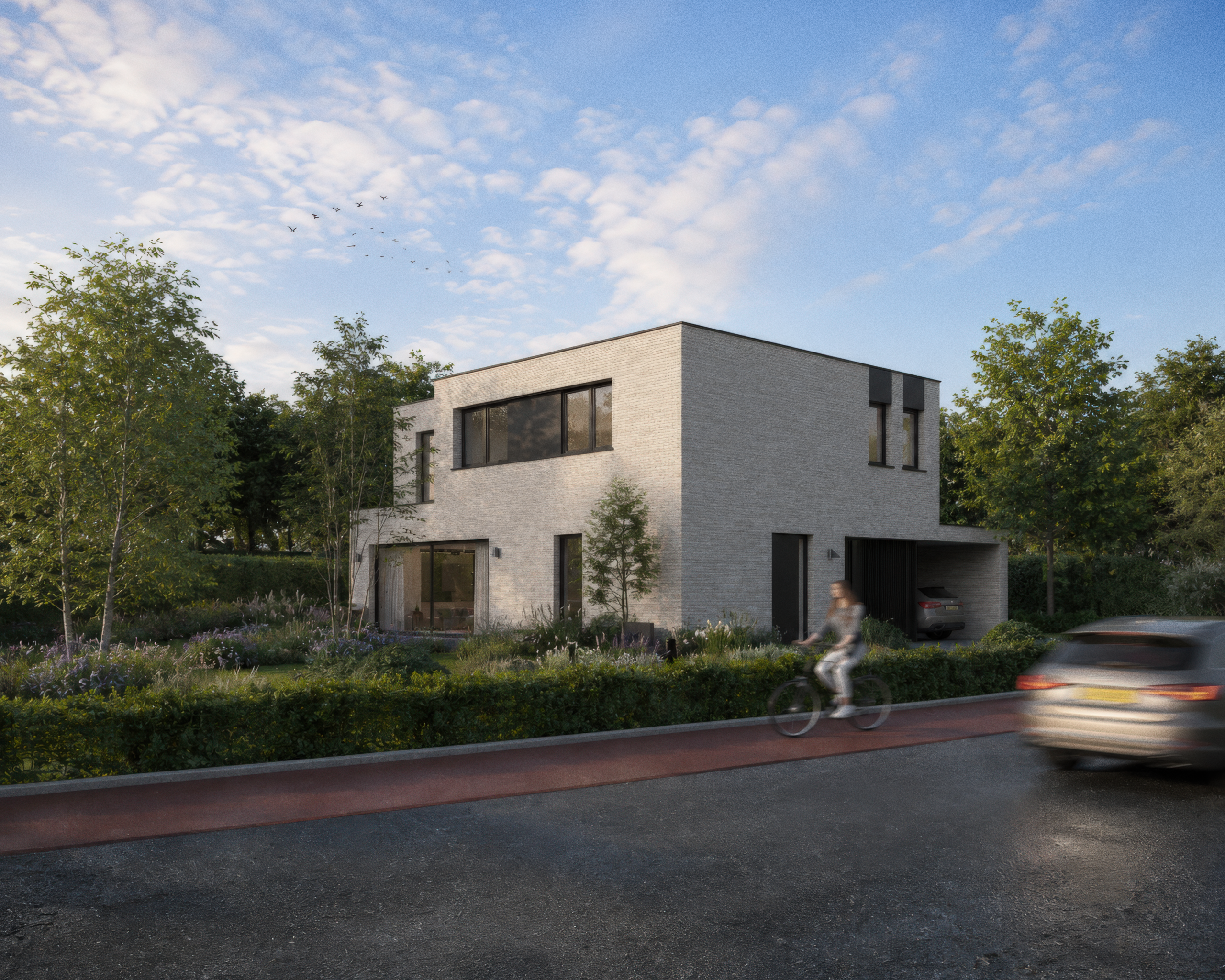 ston3s moderne villa voorgevel fietser