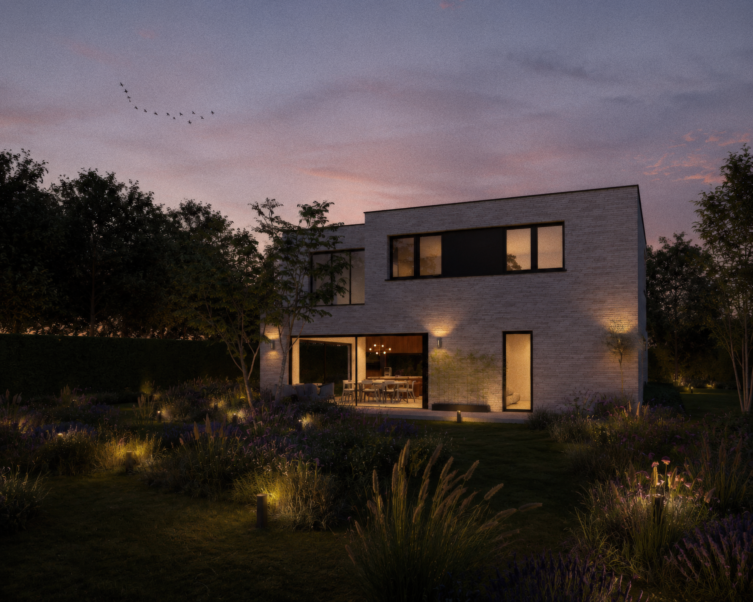 ston3s villa avond verlichte ramen tuin