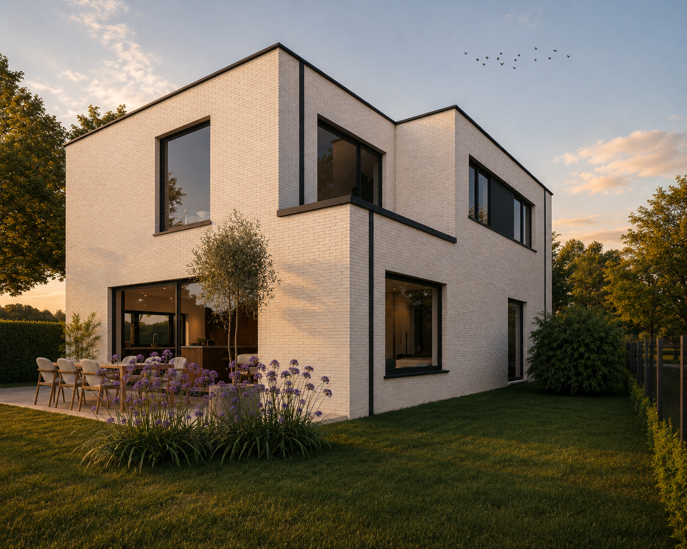 ston3s villa hoekgevel avondlicht tuin